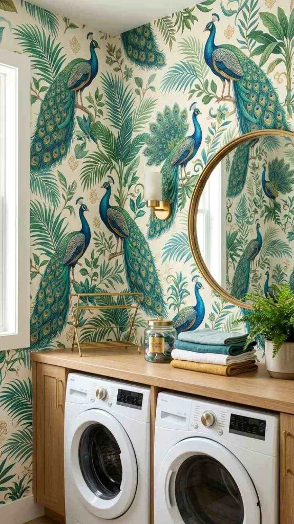 11+ Laundry Room Wallpaper Ideas for Stylish Small Spaces 6 Peacocks and Palms