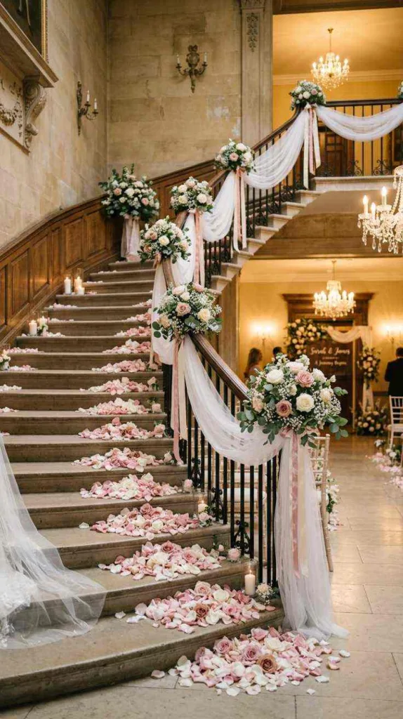 12 Staircase Wedding Decor for Elegant Ceremony Entrances 14 Petal Lined Steps