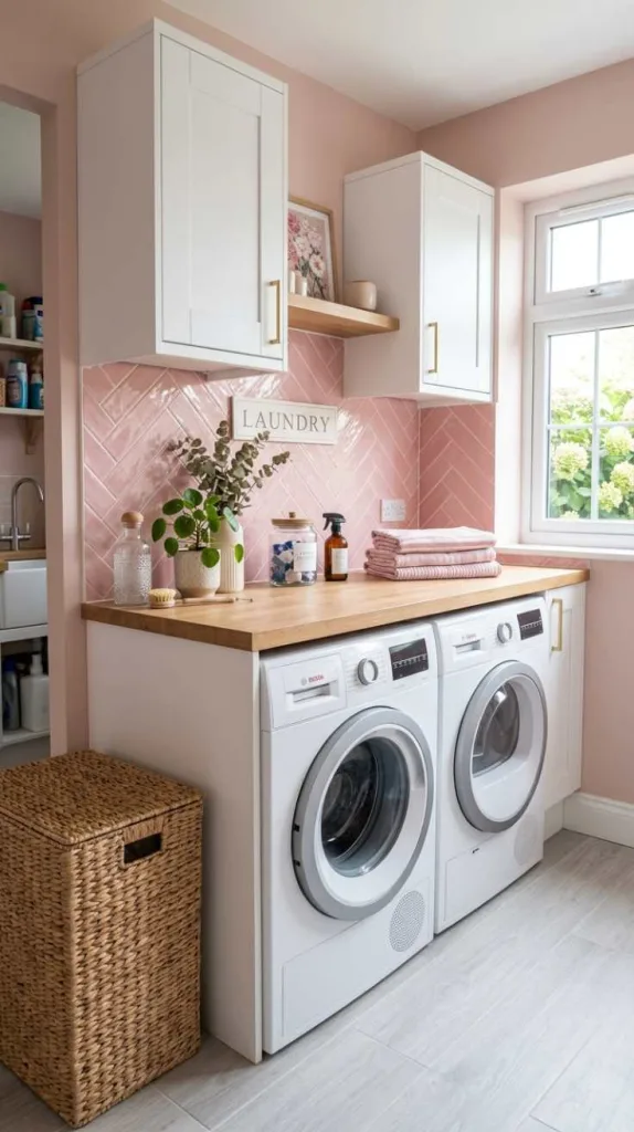 Pink Herringbone Tile Backsplash