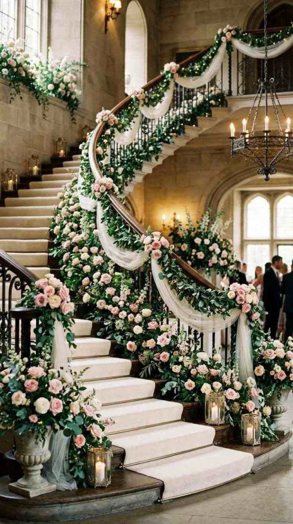 12 Staircase Wedding Decor for Elegant Ceremony Entrances 4 Pink Rose Garlands
