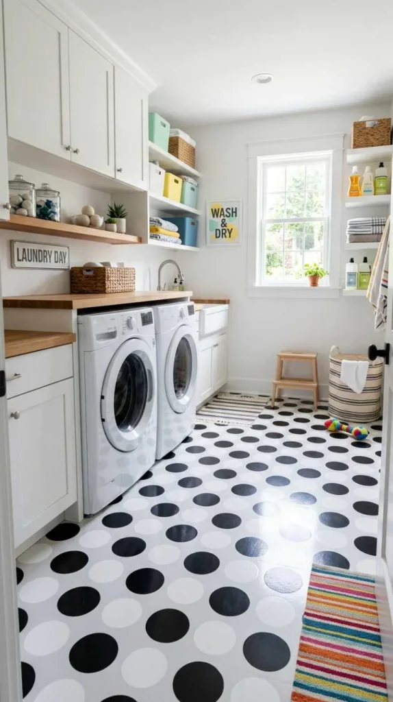 10+ Laundry Room Flooring Ideas for Functional Spaces 11 Playful Polka Dot Flooring