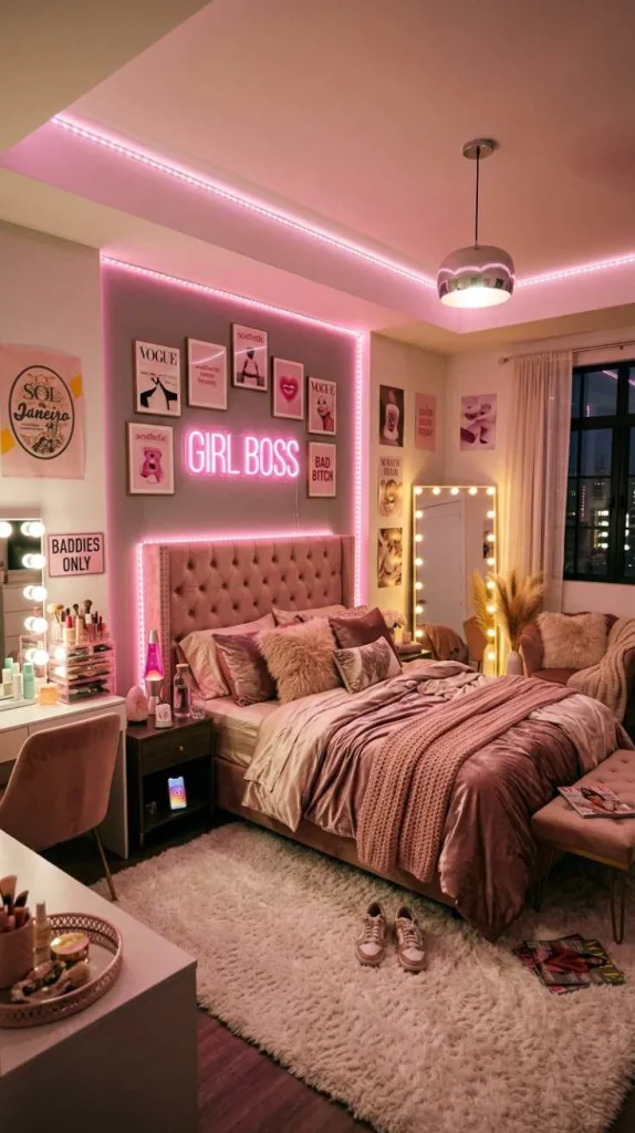 12 Baddie Bedroom Idea for a Bold Confident Vibe 6 Plush Pink LED Glow