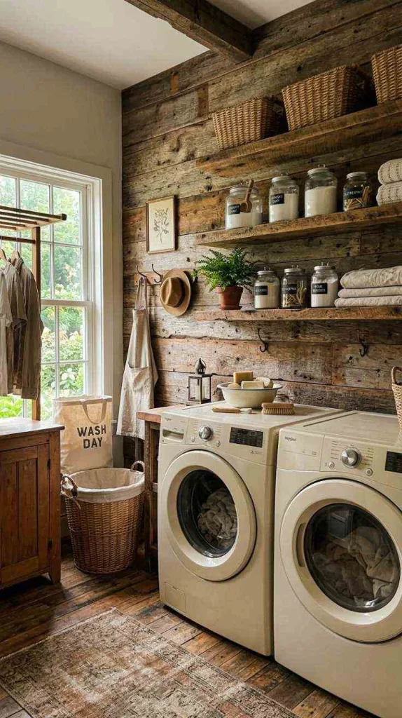 10+ Rustic Farmhouse Laundry Room Ideas for Cozy Home 3 Reclaimed Wood Washer Wall