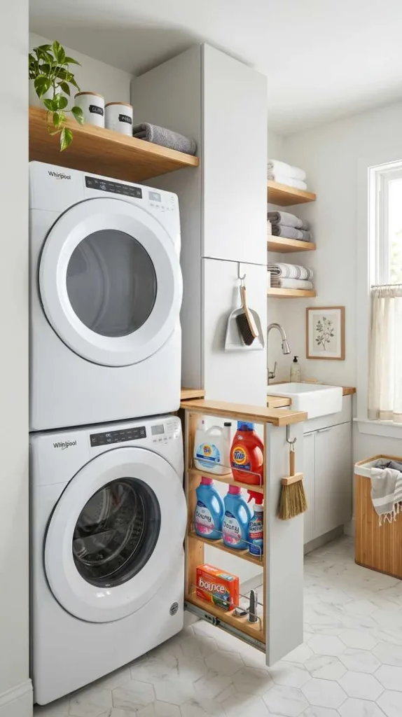 10+ Stacked Laundry Room Ideas Small Spaces 5 Slide Storage Beside Machines