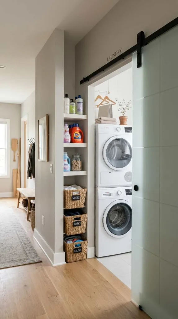 10+ Hallway Laundry Room Ideas with Stacked Washer 6 Sliding Door Laundry Nook