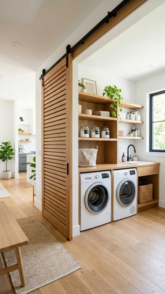 10+ Open Laundry Room Ideas for Bright Homes 14 Sliding Wood Divider