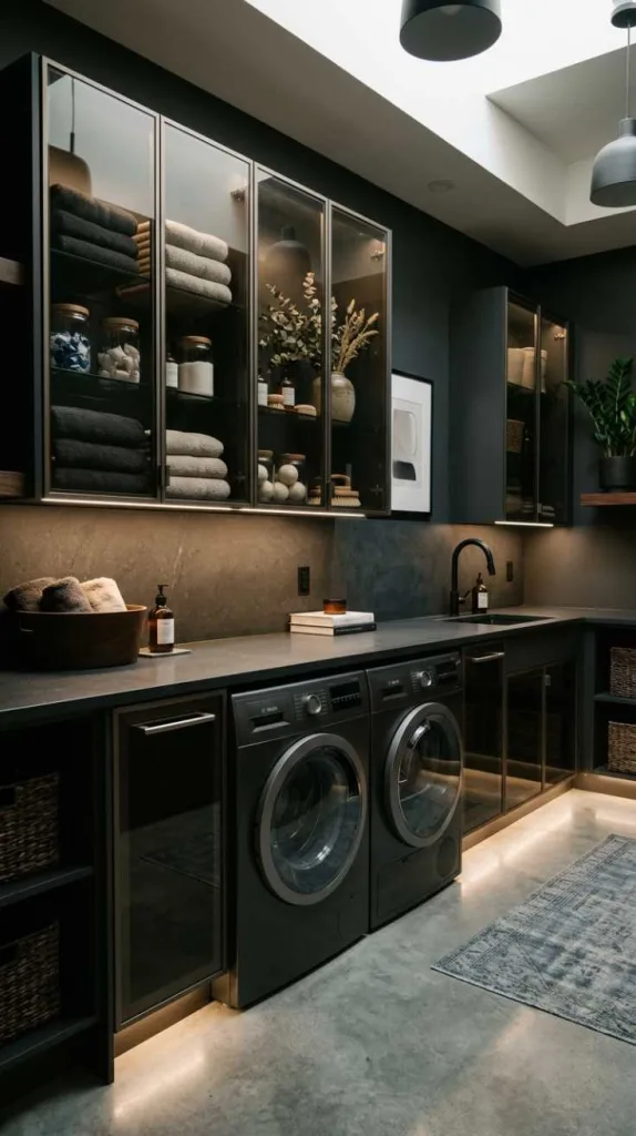 10+ Moody Laundry Room Ideas for Elegant Home Style 9 Smoky Glass Cabinets