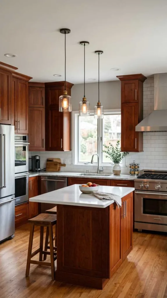 11+ Kitchen Color Schemes That Make Cherry Cabinets Pop 5 Soft Gray
