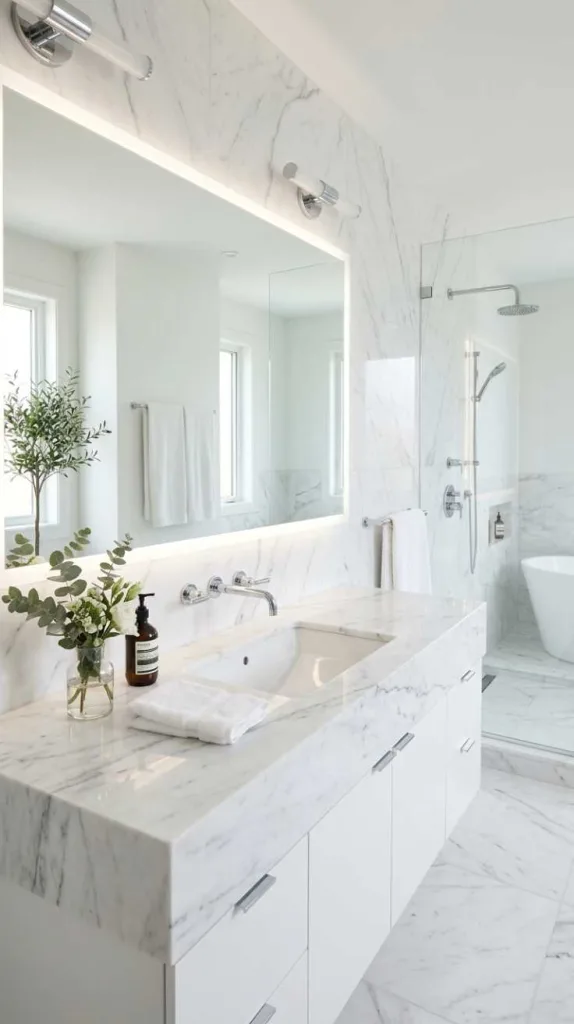 11+ White Marble Bathroom Designs That Look Timeless Luxe 8 Soft Gray Veined Marble Bathroom
