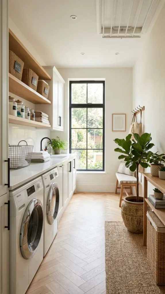 12 Long Laundry Room Ideas for Functional Layouts 6 Tall Plant Corner