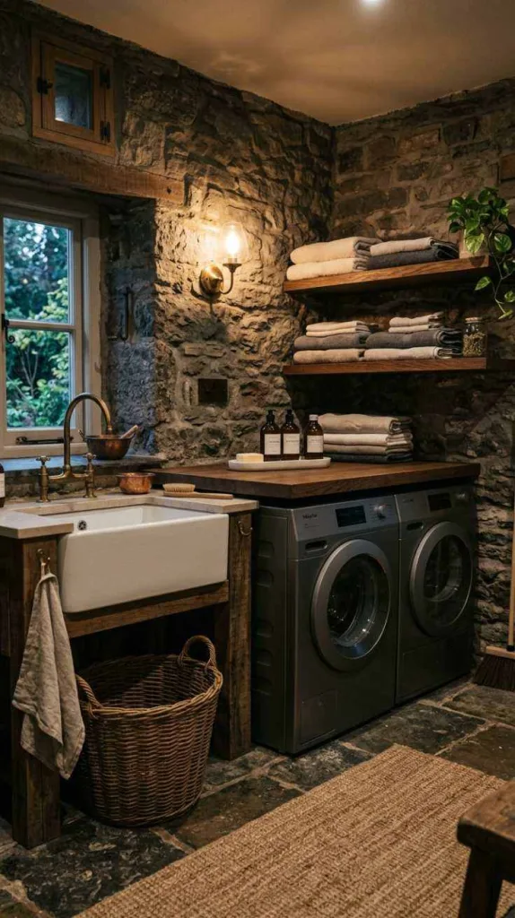 10+ Moody Laundry Room Ideas for Elegant Home Style 8 Textured Stone Walls