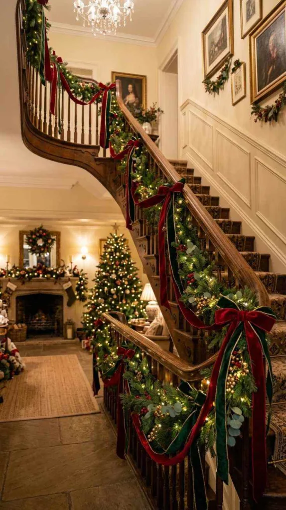 12 Christmas Staircase Decor Banisters for Festive Holiday Homes 6 Velvet Ribbon Cascades