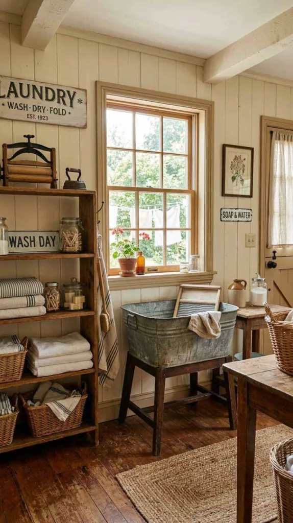 10+ Rustic Farmhouse Laundry Room Ideas for Cozy Home 4 Vintage Metal Wash Tub