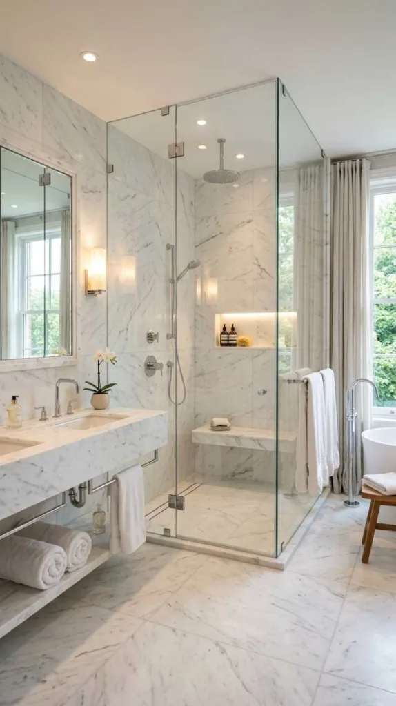 11+ White Marble Bathroom Designs That Look Timeless Luxe 5 Walk-In Marble Shower