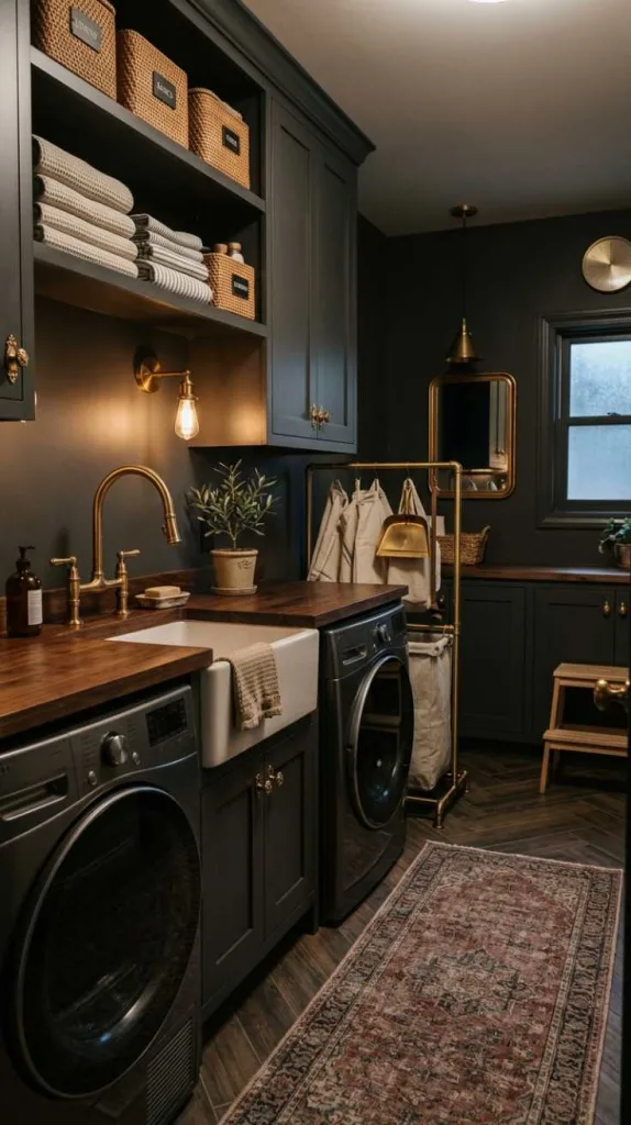 10+ Moody Laundry Room Ideas for Elegant Home Style 5 Warm Brass Accents