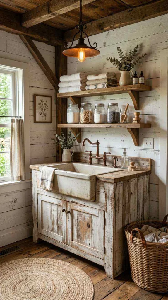 10+ Rustic Farmhouse Laundry Room Ideas for Cozy Home 12 Weathered Farm Sink Station
