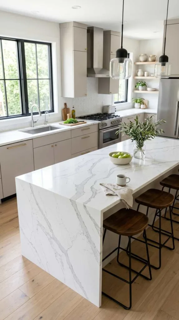 12 Trendy Kitchen Countertop Designs For a Stylish Home 11 White Marble Look Quartz