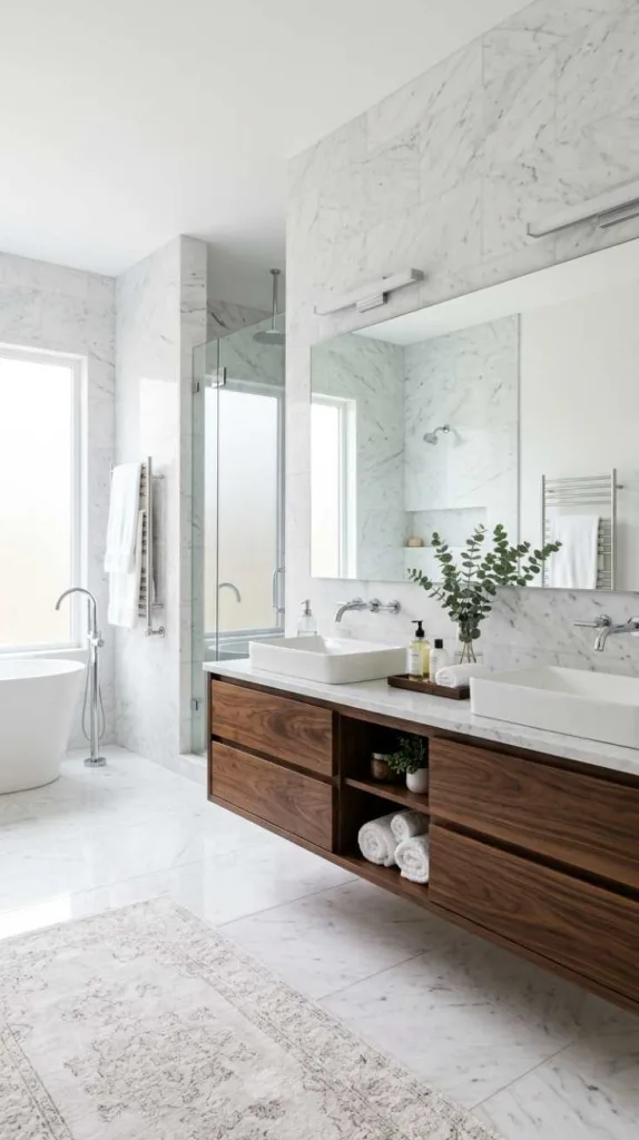 11+ White Marble Bathroom Designs That Look Timeless Luxe 3 White Marble Wood Vanity