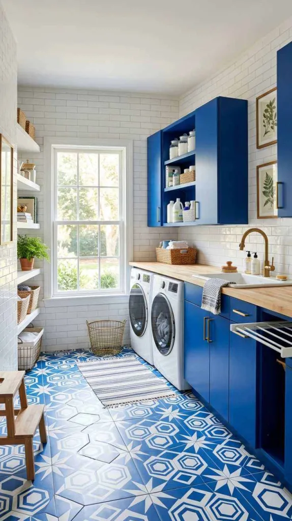 11+ Laundry Room Tile Ideas for Stylish Floors 11 White and Royal Blue Tiles