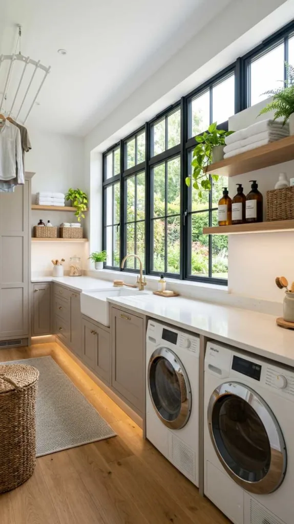 12 Long Laundry Room Ideas for Functional Layouts 3 Window Wall Design