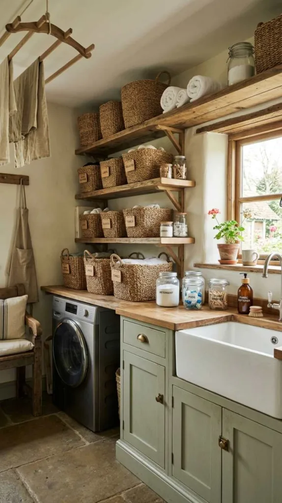 10+ Rustic Farmhouse Laundry Room Ideas for Cozy Home 10 Woven Basket Organization System