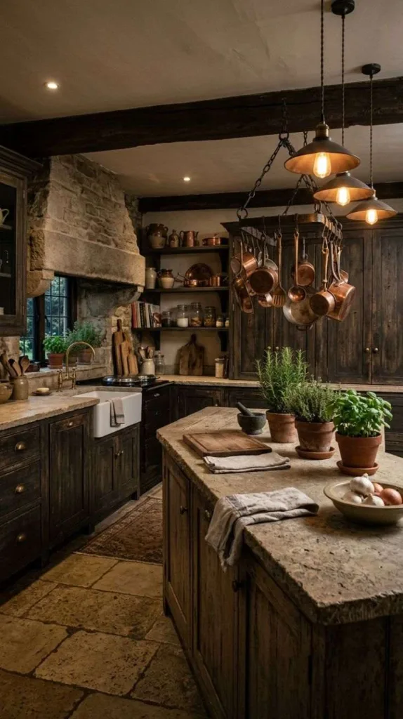 Dark Rustic Kitchen Ideas for Timeless Charm 9 Aged Limestone with Soft Lighting
