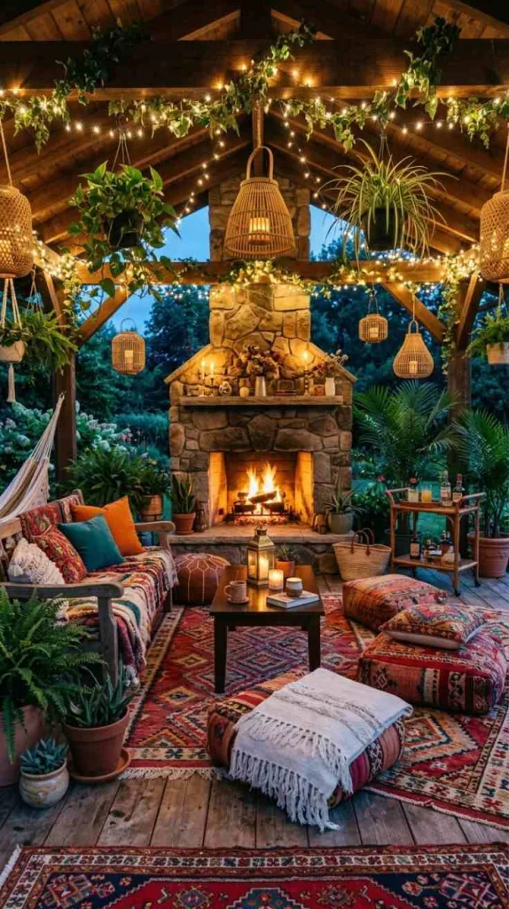 Covered Patio Ideas With Fireplace for Cozy Nights 11 Bohemian Bliss with Eclectic Decor