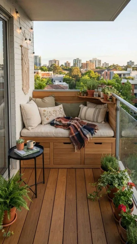 12 Tiny Balcony Decor for Cozy and Stylish Small Spaces 5 Built-In Balcony Bench Storage