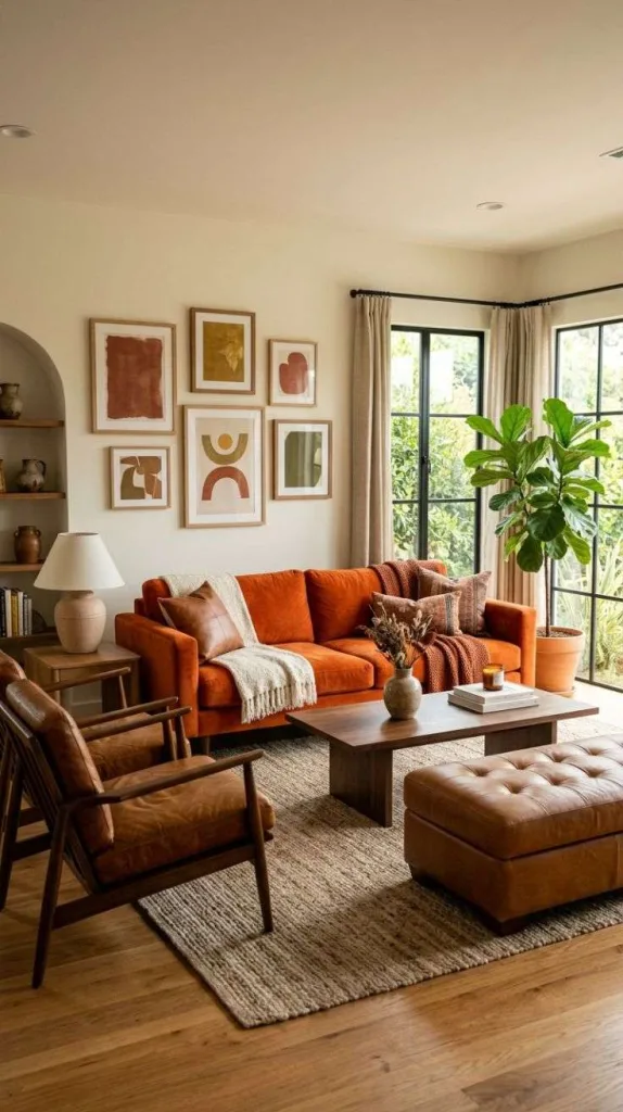 These Orange Couch Living Rooms Prove Bold Colors Really Work 8 Cognac Leather Accents
