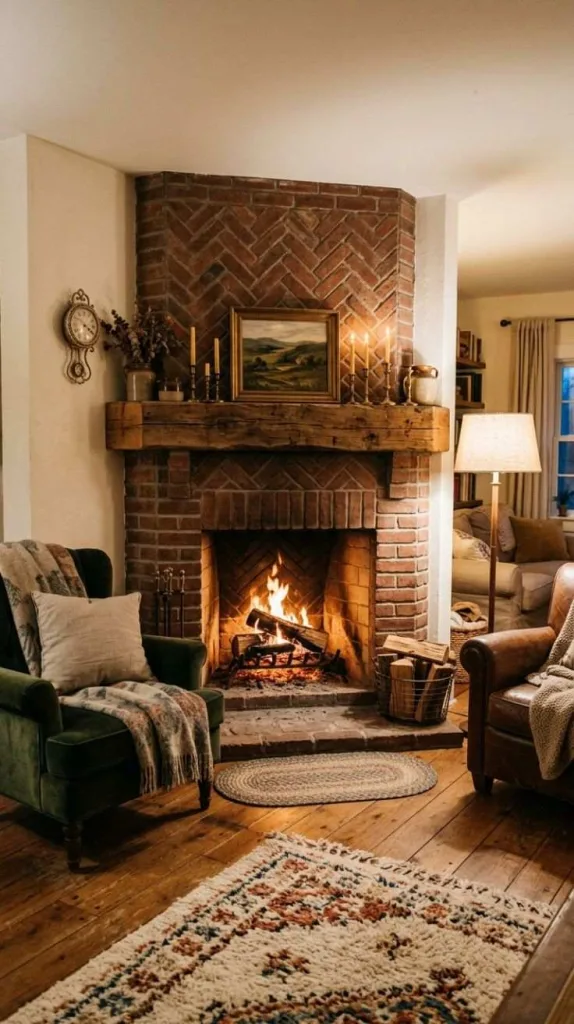 Corner Brick Fireplace