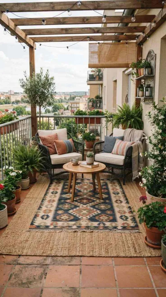 11+ Simple Balcony Decor for Elegant Outdoor Spaces 5 Cozy Outdoor Rug Layering
