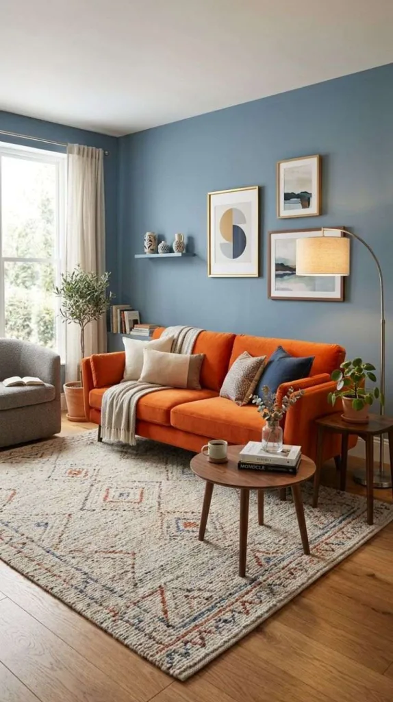 These Orange Couch Living Rooms Prove Bold Colors Really Work 3 Dusty Blue Walls