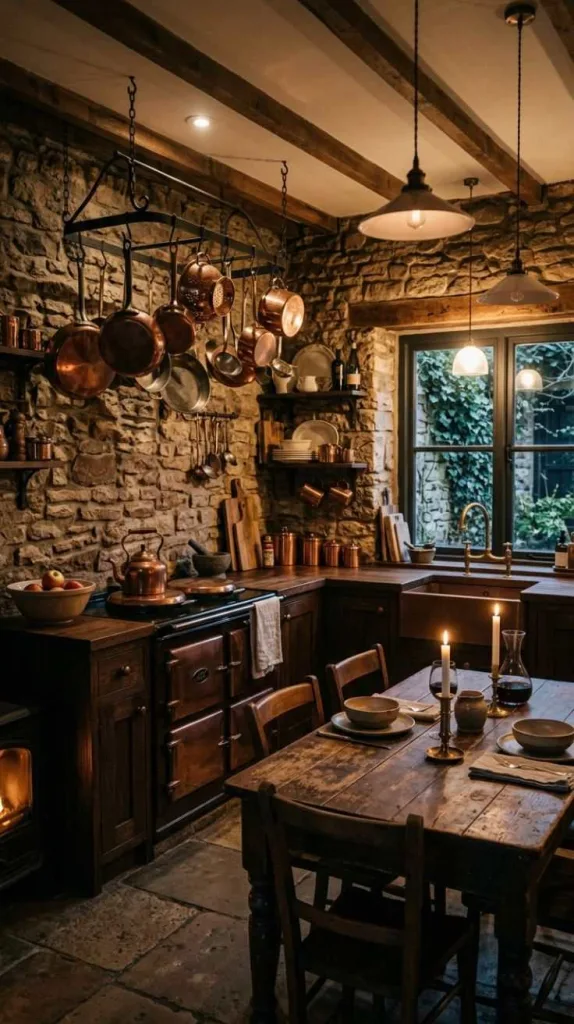 Dark Rustic Kitchen Ideas for Timeless Charm 4 Exposed Stone and Copper Accents
