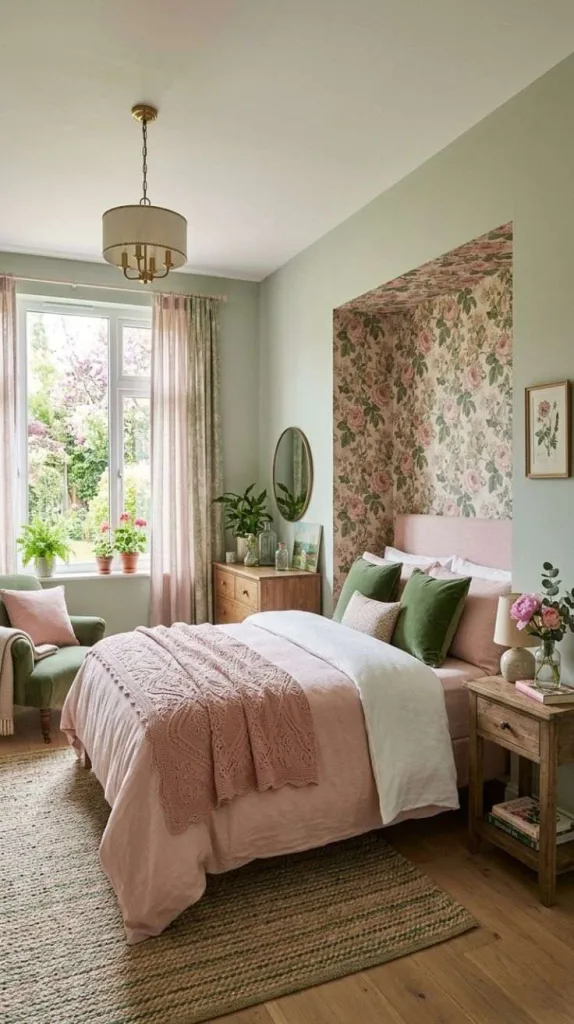 These Pink and Green Bedrooms Designs That Never Go Out of Style 12 Floral Wallpaper Alcove