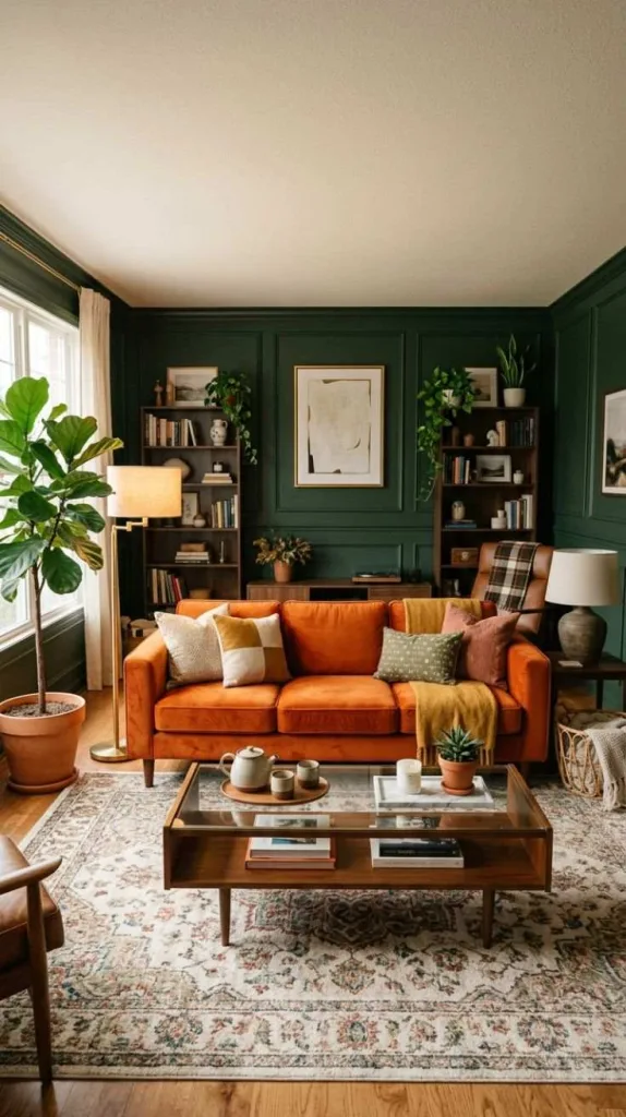 These Orange Couch Living Rooms Prove Bold Colors Really Work 4 Forest Green Millwork