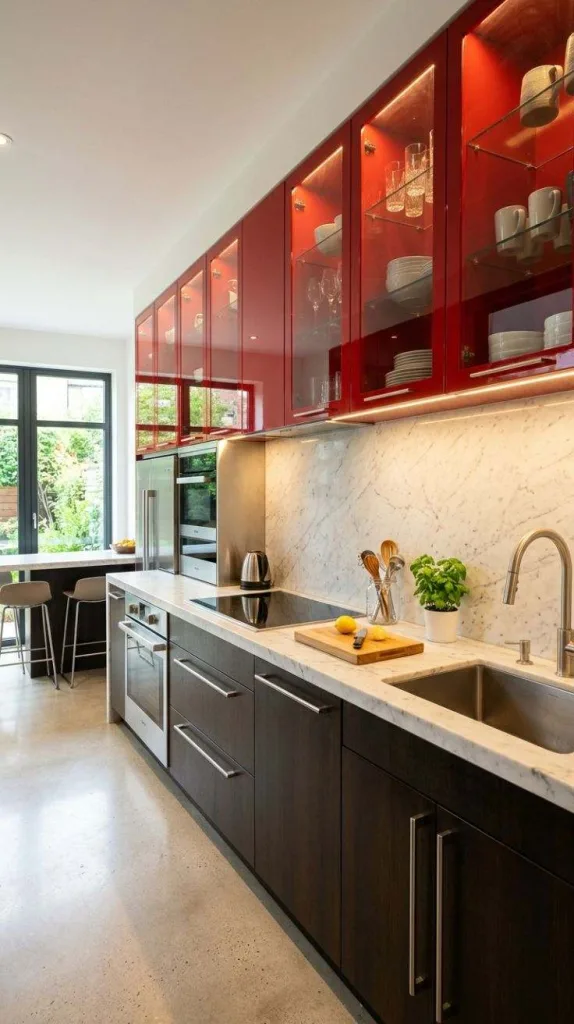 Glass-Front Red Cabinets