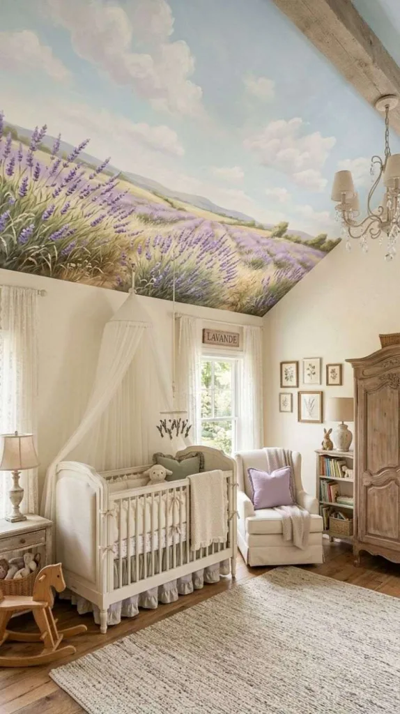 These French Country Nursery You'll Love for Years to Come 11 Lavender Meadow Ceiling Mural