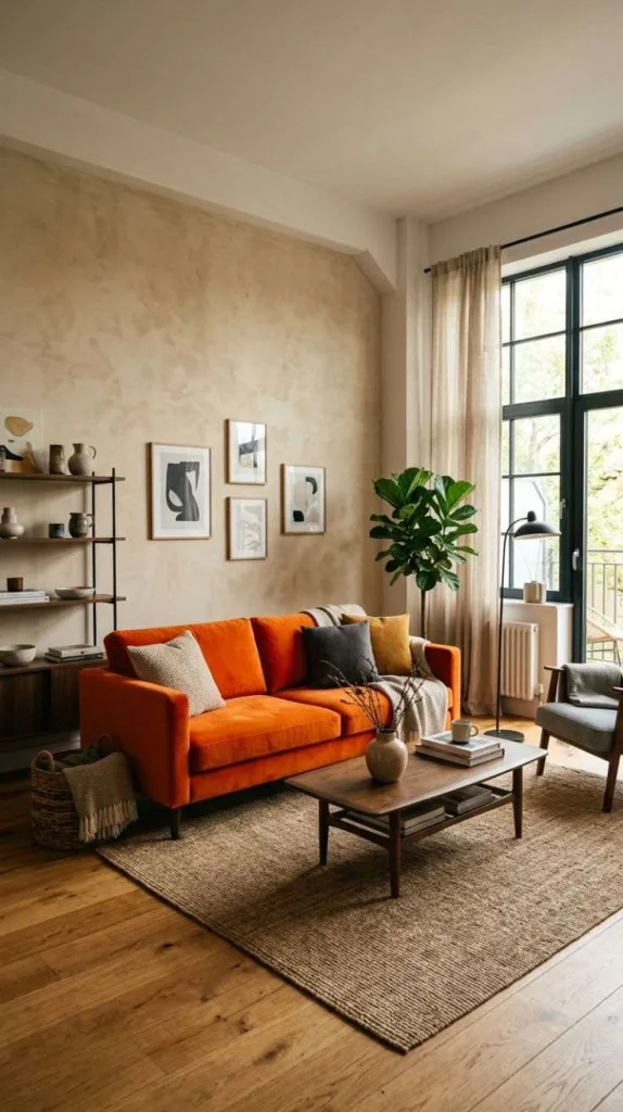 These Orange Couch Living Rooms Prove Bold Colors Really Work 5 Limewash Wall Finish