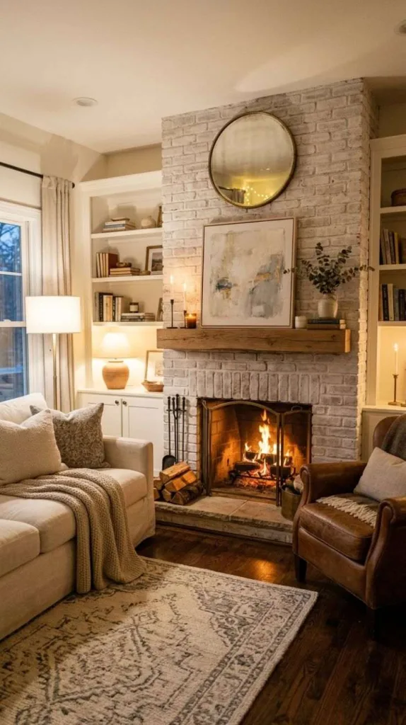 Limewashed Brick Fireplace