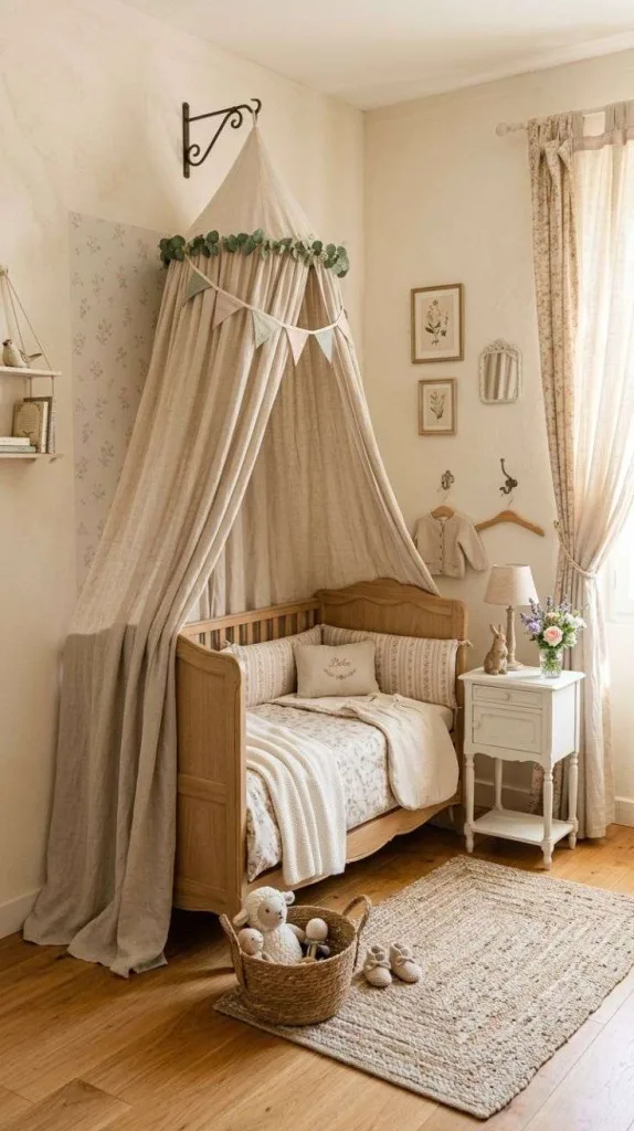 These French Country Nursery You'll Love for Years to Come 7 Linen Canopy Crib Corner