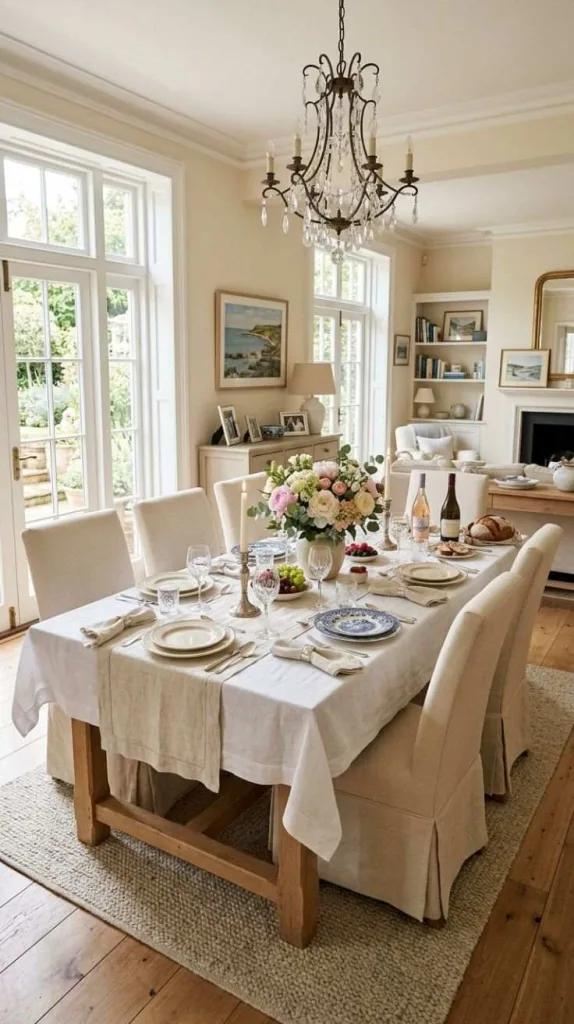 These Nancy Meyers Dining Room Details Designers Can't Stop Using 3 Linen Layered Dining
