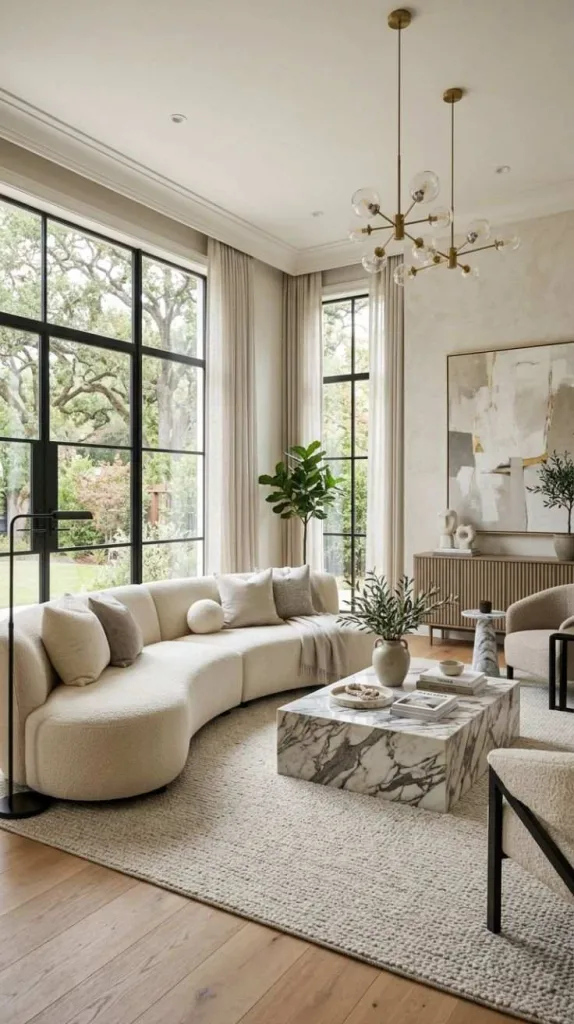 Curved Sofa Living Room With Designer Style 10 Marble and Bouclé Living