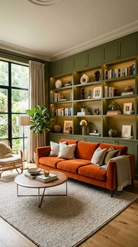 These Orange Couch Living Rooms Prove Bold Colors Really Work 11 Matte Olive Built-Ins