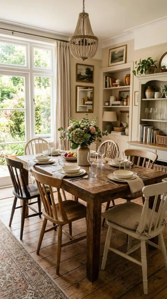 These Nancy Meyers Dining Room Details Designers Can't Stop Using 4 Mismatched Wooden Chairs