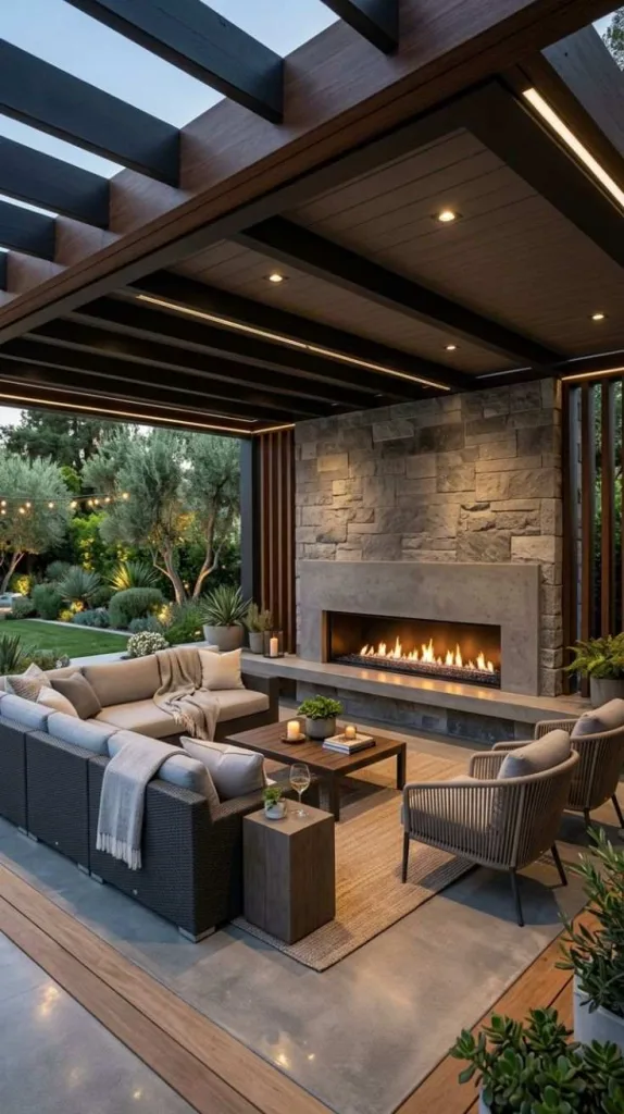 Covered Patio Ideas With Fireplace for Cozy Nights 4 Modern Linear Fireplace Patio