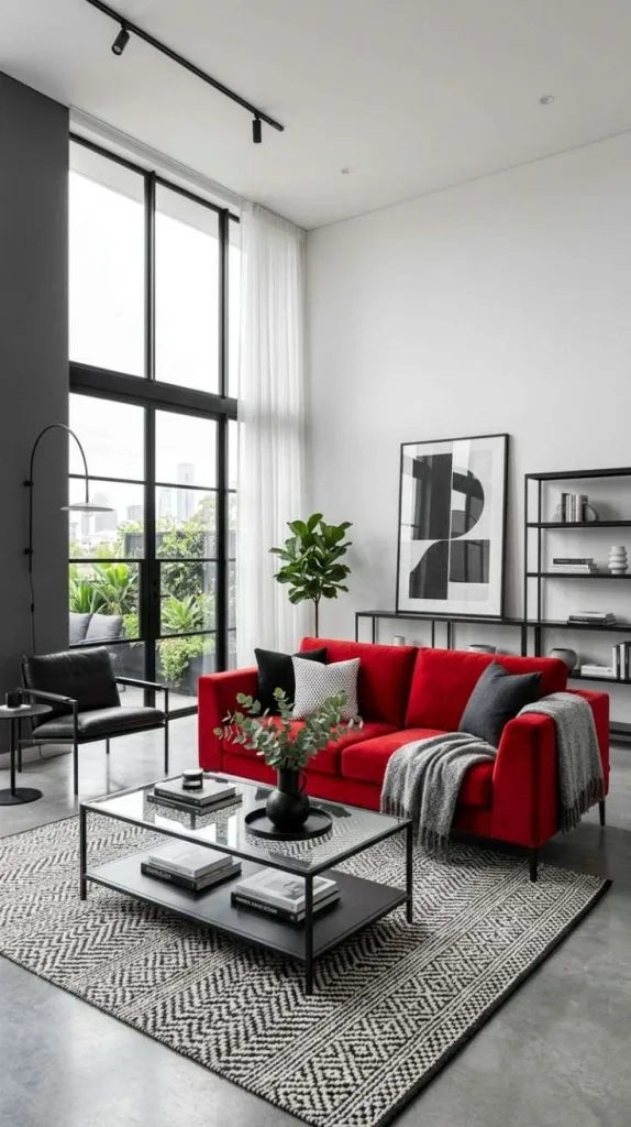 These Red Couch Living Rooms Prove Bold Colors Always Win 3 Modern Monochrome Contrast