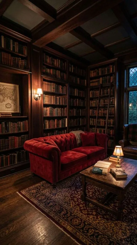 These Red Couch Living Rooms Prove Bold Colors Always Win 7 Moody Library Lounge