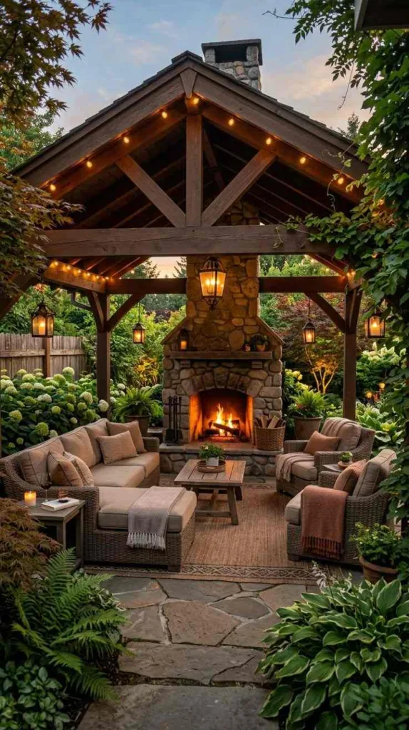 Covered Patio Ideas With Fireplace for Cozy Nights 12 Pavilion Style Fireplace Patio