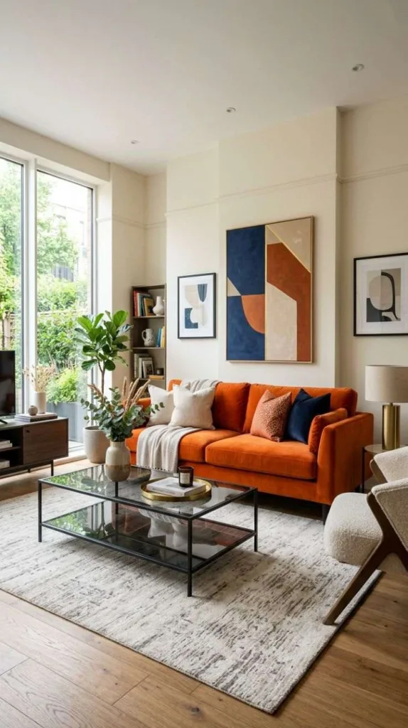 These Orange Couch Living Rooms Prove Bold Colors Really Work 9 Smoked Glass Tables