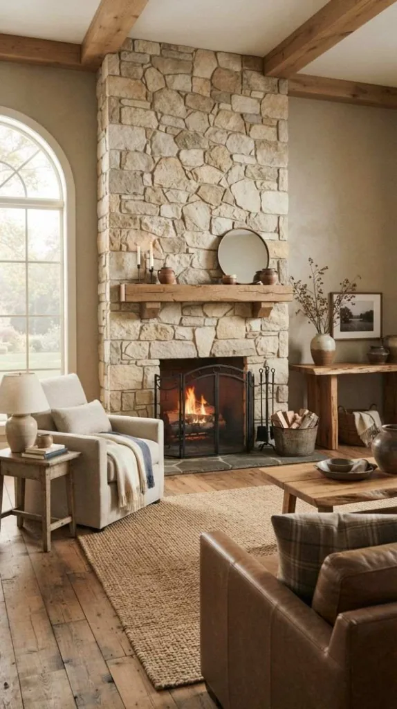 9+ Japandi Fireplace for Cozy Living Rooms 7 Stone Veneer Fireplace Feature
